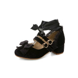 Woman's Med Heel Lolita Shoes Flock PU Leather Cute Bow Mary Jane Pumps Bride Wedding Cosplay Party Red Pink Black Size 34-43