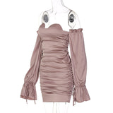 Goosudu Women Solid Long Loose Flare Sleeve With Drawstring Ruched Mini Dress spring  Autumn Streetwear Outfit Fashion Y2K