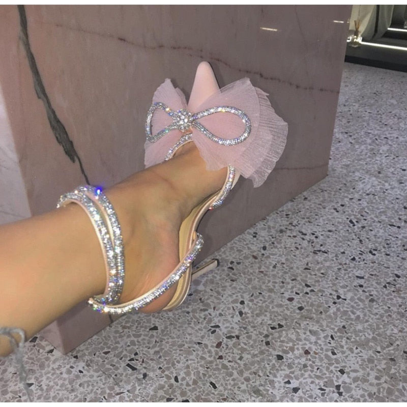 goosudu Brand Fashion Big Bowknot Women Pumps Luxury Crystal Satin High heels Party Prom Shoes Ankle Strap Summer Wedding Bridal Shoes