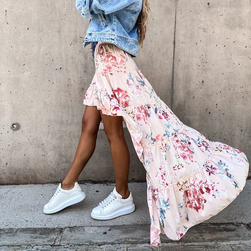 Goosudu Bohemian Women Long Skirt Asymmetrical Beach Style Floral Printed High Waist Ladies Casual Skirt Ins Skirts Faldas Spring