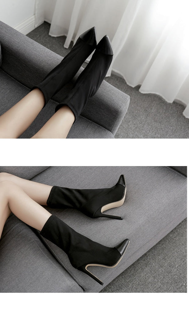 goosudu New Women Sock Boots Pointed Toe Elastic High Boots Slip On High Heel Ankle Boots Women Pumps Stiletto Botas