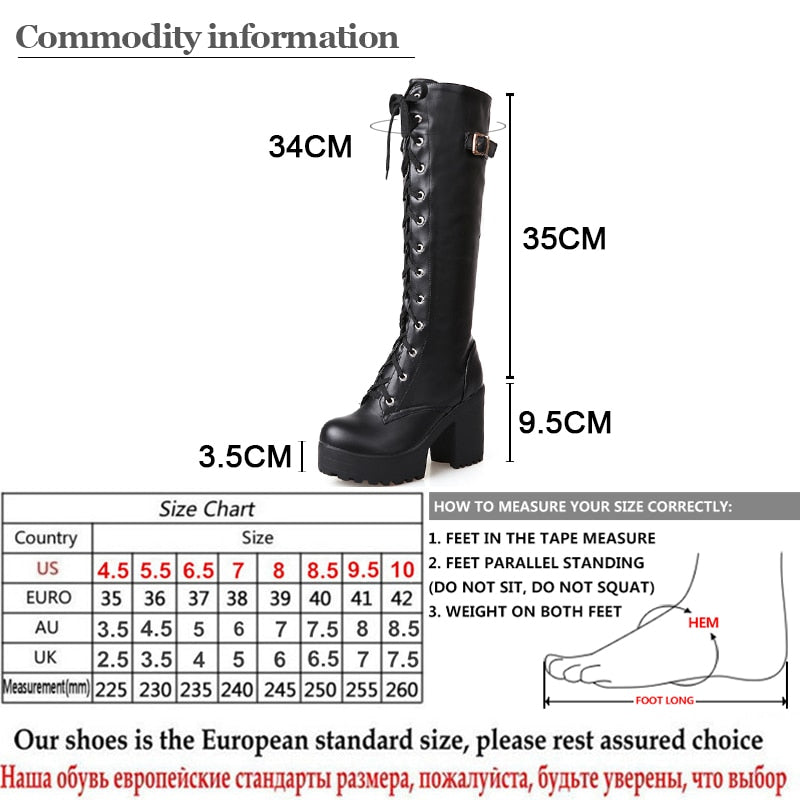 goosudu Hot Sale Spring Autumn Lacing Knee High Boots Women Fashion White Square Heel Woman Leather Shoes Winter PU Large Size 43
