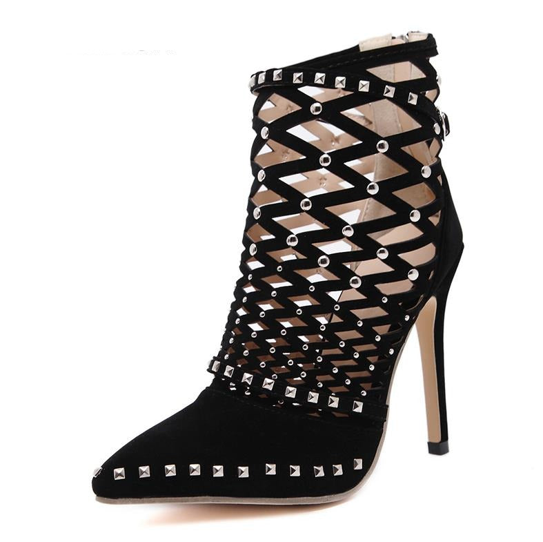 goosudu Gladiator Roman Sandals Summer Rivet Studded Cut Out Caged Ankle Boots Stiletto High Heel Women Sexy Shoes Pumps