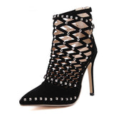 goosudu Gladiator Roman Sandals Summer Rivet Studded Cut Out Caged Ankle Boots Stiletto High Heel Women Sexy Shoes Pumps