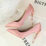 goosudu  Metal Carved Wedding Bridal High Heels Solid Silk Shoes Pointed Toe Shallow Women Pumps Ladies Elegant High Heels 10cm