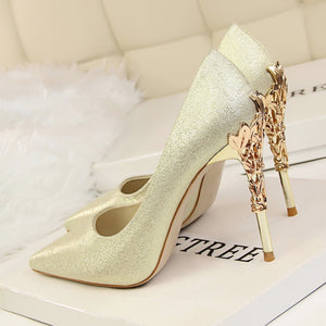 goosudu  Metal Carved Wedding Bridal High Heels Solid Silk Shoes Pointed Toe Shallow Women Pumps Ladies Elegant High Heels 10cm