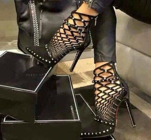 goosudu Gladiator Roman Sandals Summer Rivet Studded Cut Out Caged Ankle Boots Stiletto High Heel Women Sexy Shoes Pumps