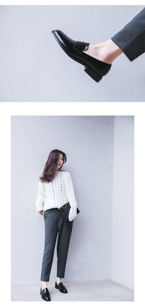 goosudu ladies Leather shoes British style plus size 22-26.5cm women pumps loafers lazy shoes womens platform heels black shoes