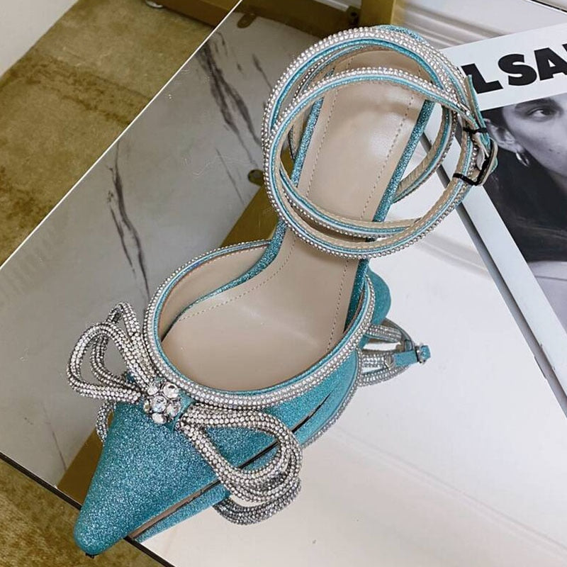 Summer Sexy Satin Slim Thin High Heel Bride Shoes Women Point Wrap Toe Crystal Sandals Ankle Buckle Luxury Wedding Shoes Mujer