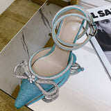 Summer Sexy Satin Slim Thin High Heel Bride Shoes Women Point Wrap Toe Crystal Sandals Ankle Buckle Luxury Wedding Shoes Mujer