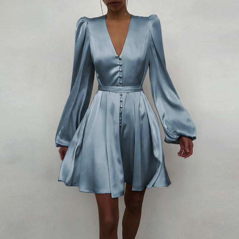 goosudu Women Silk Dress Celmia Satin Mini Robe Summer Elegant Party Wrap Evening Dress Long Lantern Sleeve V Neck Solid Vestidos