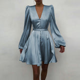 goosudu Women Silk Dress Celmia Satin Mini Robe Summer Elegant Party Wrap Evening Dress Long Lantern Sleeve V Neck Solid Vestidos