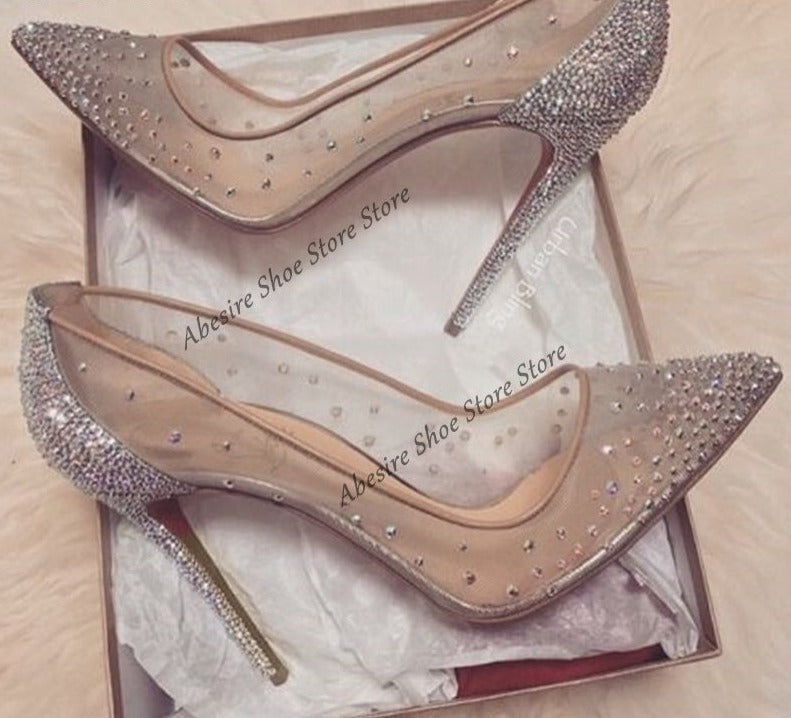 goosudu New Crystal Pumps Shallow Crystal Stilettos Solid Pumps Beige High Heels Woman Spring Shoes Fashion Party Sexy Big Size