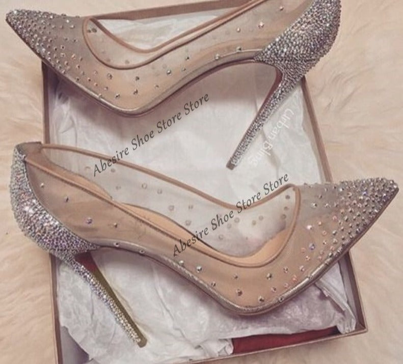 goosudu New Crystal Pumps Shallow Crystal Stilettos Solid Pumps Beige High Heels Woman Spring Shoes Fashion Party Sexy Big Size