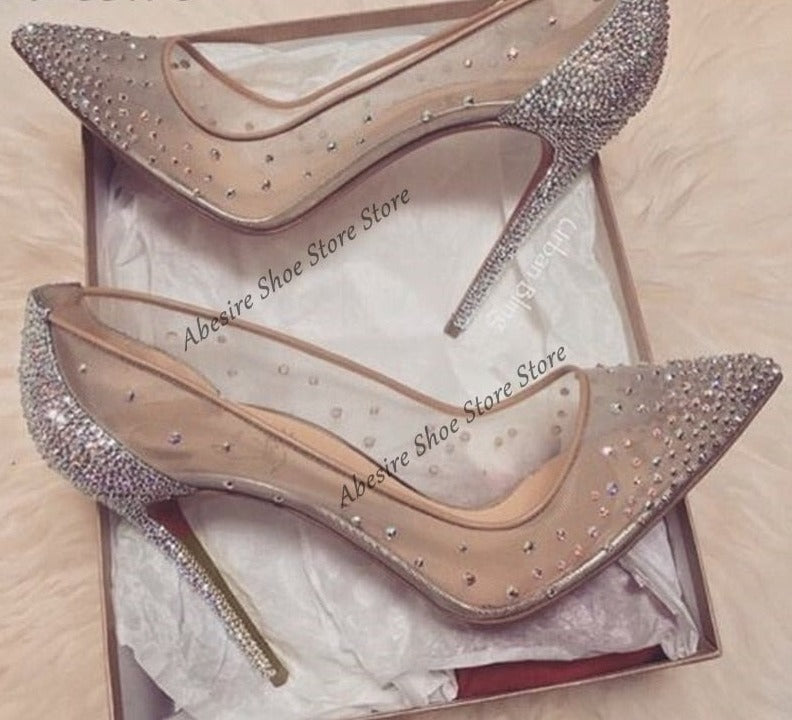 goosudu New Crystal Pumps Shallow Crystal Stilettos Solid Pumps Beige High Heels Woman Spring Shoes Fashion Party Sexy Big Size