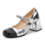 goosudu Luxury Designer Women Thick High Heels Shose Chain Square Toe Pumps Spring Square Toe Shoes Wedding Shoes Mary Jane Sandals