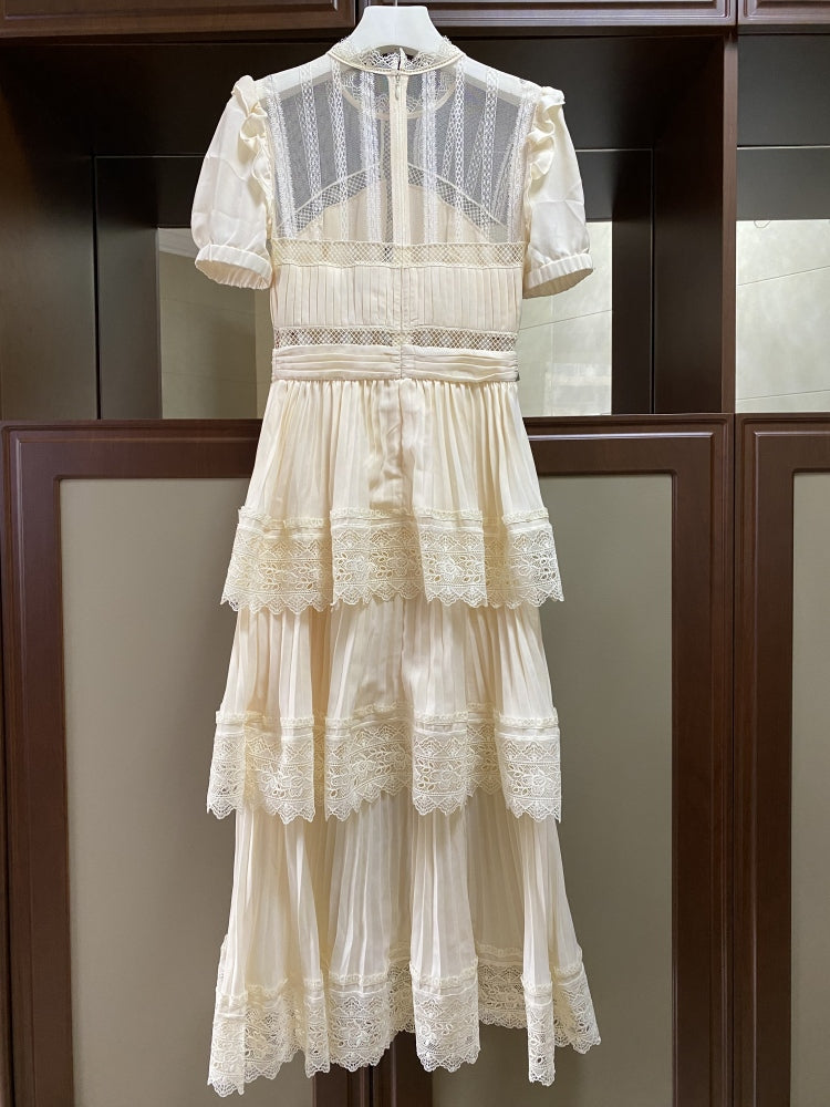 goosudu Summer Self Portrait Beige Pleated Dress Women Short Sleeve Lace Patchwork Cascading Ruffles Long Dress Female Layer Cake Dress