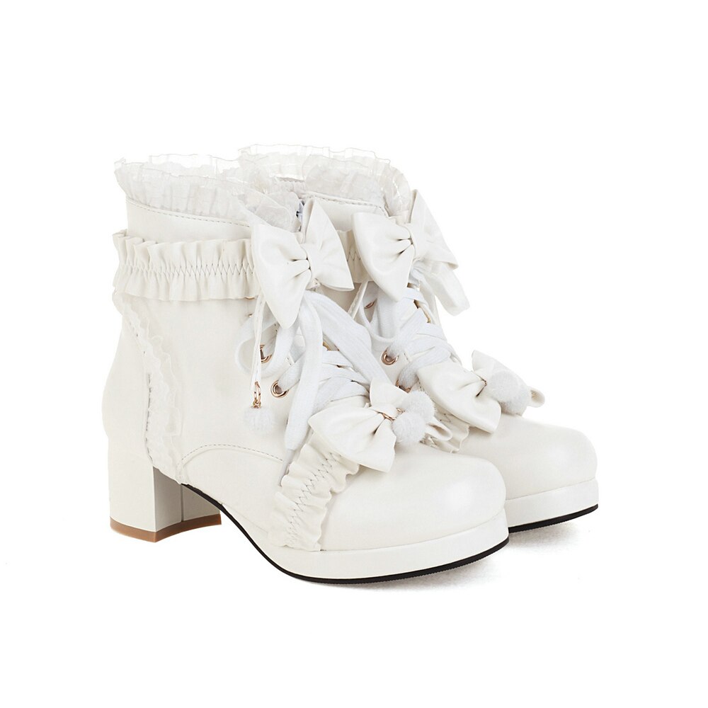 Sweet Bowknot Ruffles Med Heels Shoelace Gothic Lolita Style Ankle Boots Japanese Harajuku Women Shoes Big Size 43