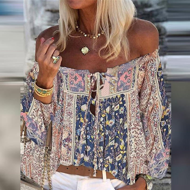 goosudu Elegant Lace-Up Tassel Chic Blouses Shirts  Summer Vintage Floral Print Boho Tops Women Sexy Off Shoulder Flare Sleeve Blusa