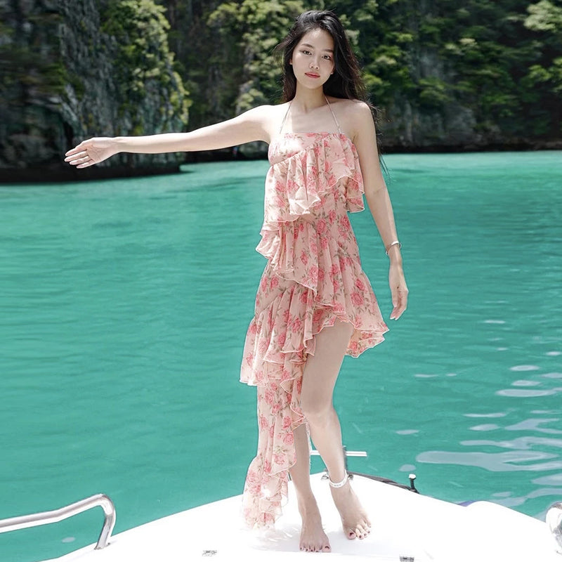 goosudu Fairy Dress Ruffled Breast Wrap Strap Dress Women's Spring Summer Midi Flower Halterneck  Boho Dress Beach Dress Sundress