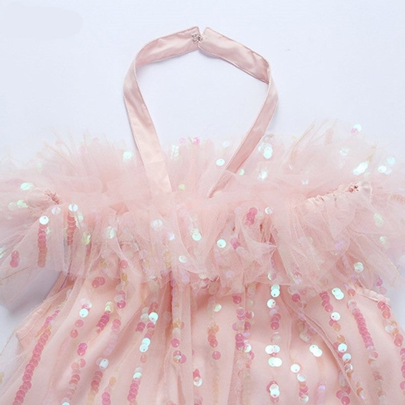 goosudu Girls Sweet Pink Bling Bling Sequined Ruffles Ball Gown Dress Off Shoulder Halter Summer Beach Party Mesh Dress