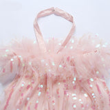 goosudu Girls Sweet Pink Bling Bling Sequined Ruffles Ball Gown Dress Off Shoulder Halter Summer Beach Party Mesh Dress