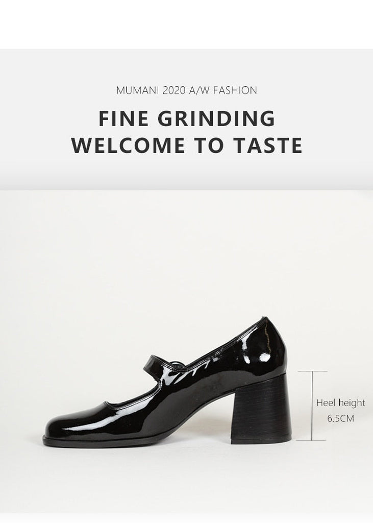 goosudu Woman‘s New Mary Janes Shoes Genuine Leather Shallow Square heel Pumps Buckle Strap Round Toe Lady Footwear