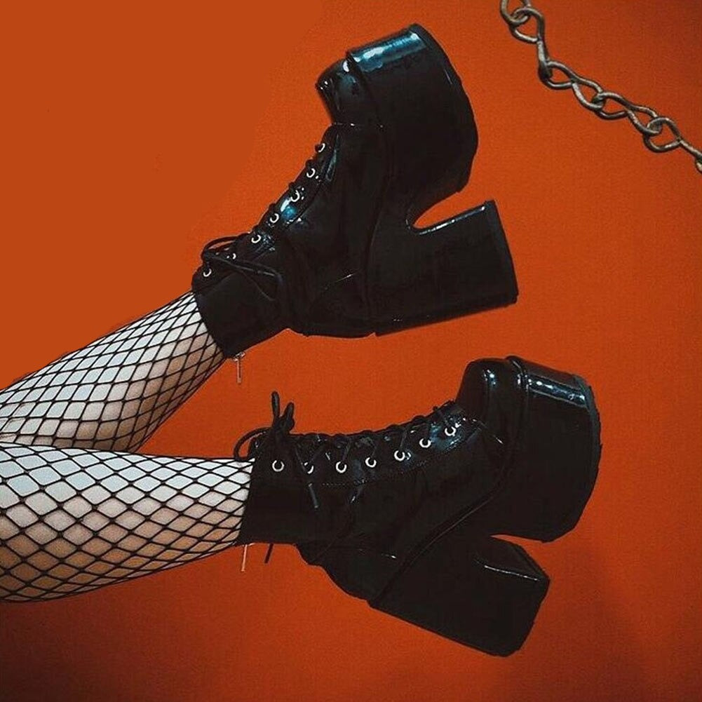 goosudu Luxury Brand Design Female Chunky High Heels Ankle Boots Fashion Zip Lace-up High Platform Boots Women Street Punk Shoes Woman