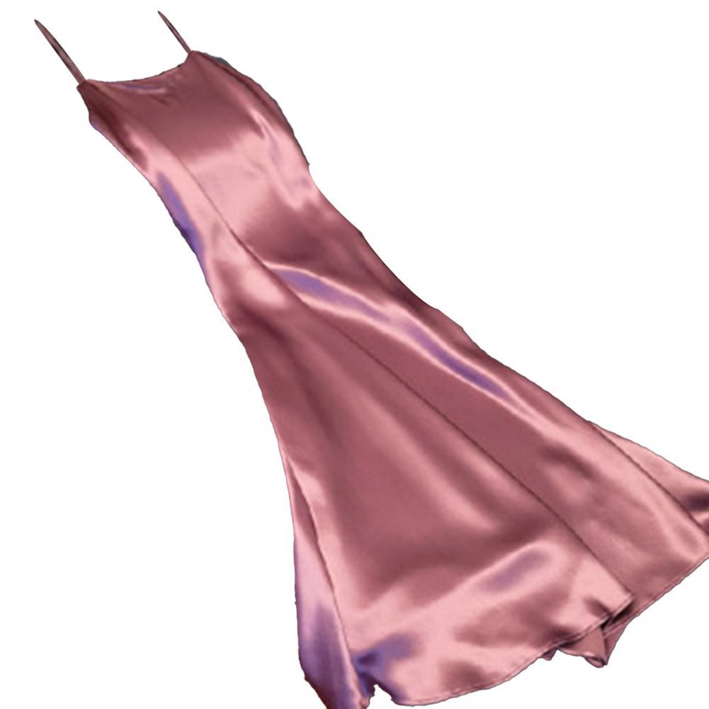 Sexy Women Sling Dress V Neck Backless Spaghetti Straps Large Hem Solid Color Ladies Satin Banquet Maxi Dresses