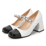goosudu Luxury Designer Women Thick High Heels Shose Chain Square Toe Pumps Spring Square Toe Shoes Wedding Shoes Mary Jane Sandals