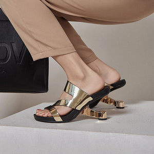Fashion Brand Genuine Leather Open Toe Slippers Ladies Strange Style High Heels Slides Summer Outdoor Sandals Ladies Shoes