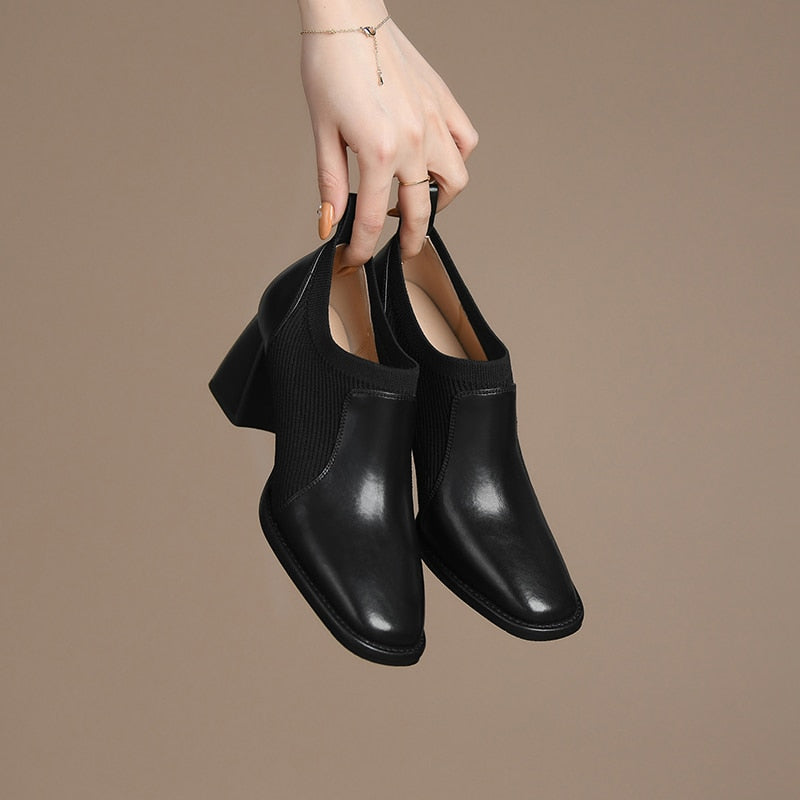 goosudu Spring/Autumn Women Party Prom Chunky Heel Pumps Genuine Leather Pumps Square Toe Loafers Woman High Heels Shoes for Women