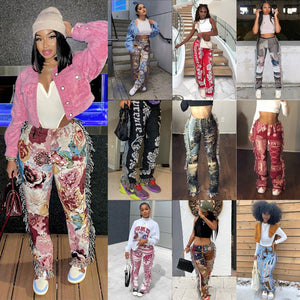 Casaul Women Streetwear Print Pants Tassel Cargo Pants Colorful High Streetwear Sporty Long Pants For Women Winter Outfit