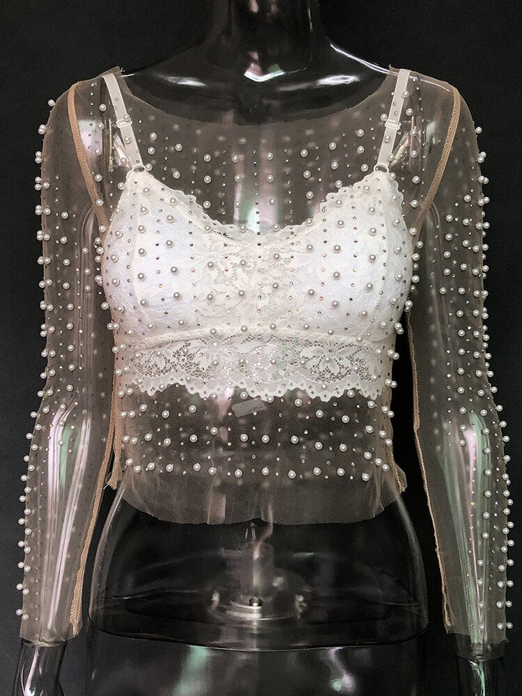 goosudu  See Through Diamond Beads Mesh Women Tops Black Long Sleeve Round Neck Short Tops Women Spring Skinny Fashion Streetwear