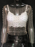 goosudu  See Through Diamond Beads Mesh Women Tops Black Long Sleeve Round Neck Short Tops Women Spring Skinny Fashion Streetwear