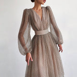 goosudu Women Elegant Dress Summer Polka Dots Temperament Long Dresses Autumn V-neck Puff Sleeve Lantern Sleeve Ladies Dress