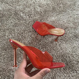 goosudu Summer Women sandals Sexy Transparent Heel Slippers Sandal Shoes Woman Thin High Heels Square Toe Sandal Lady Pump Shoes Mules