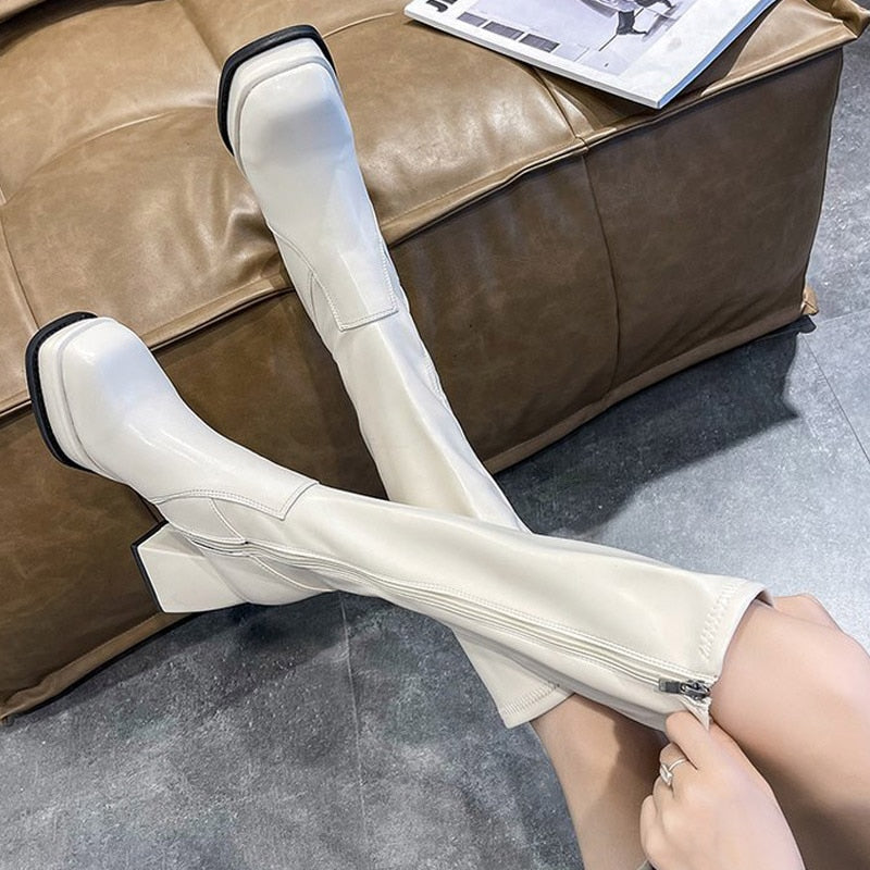 goosudu Fashion Female Super High Heels Long Boots PU Leather Zipper Shoes New Autumn Women Pumps Ladies Knee High Motorcycle Boots