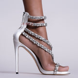 goosudu  Crystal Straps Women Sandals Back Zipper High Thin Heels Ankle Wrap Sandals Narrow Band Sweet Fashion Casual Party Female Pumps