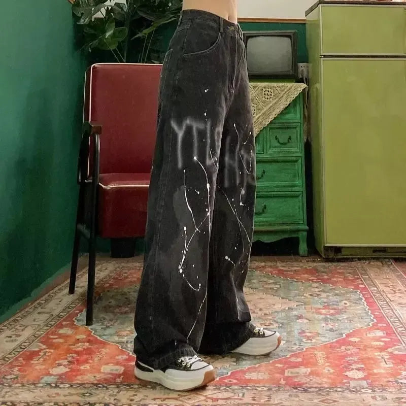 American street clothing retro trend pocket jeans female letter star print high waist casual oversized straight pants women