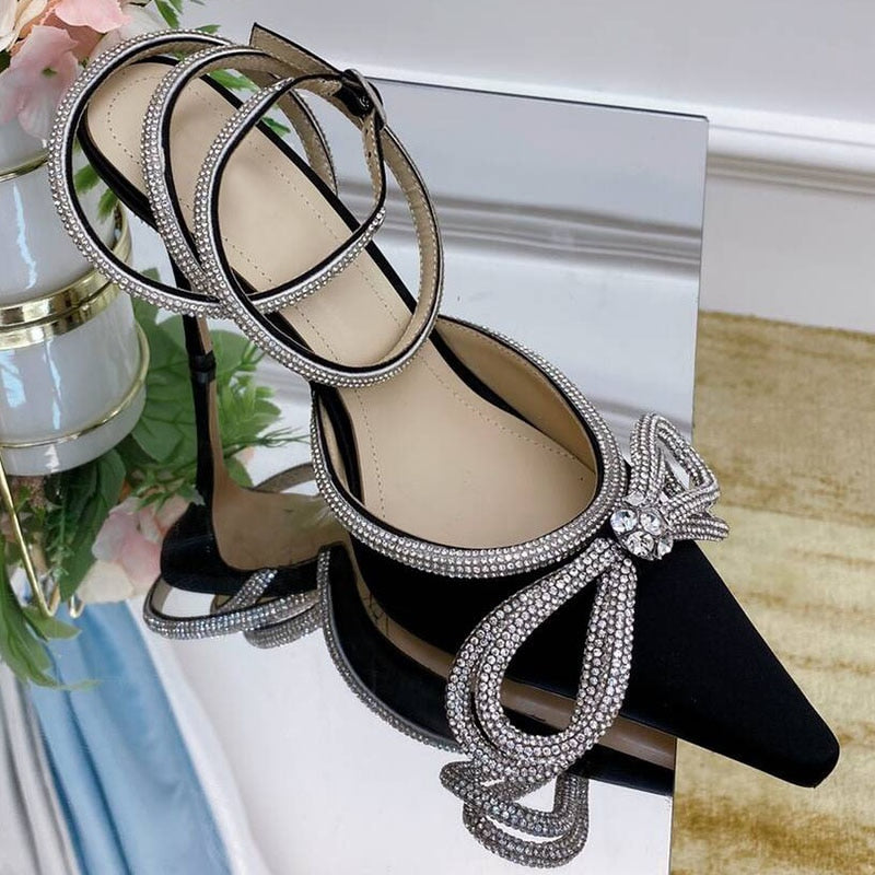 Summer Sexy Satin Slim Thin High Heel Bride Shoes Women Point Wrap Toe Crystal Sandals Ankle Buckle Luxury Wedding Shoes Mujer