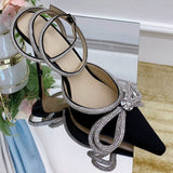 Summer Sexy Satin Slim Thin High Heel Bride Shoes Women Point Wrap Toe Crystal Sandals Ankle Buckle Luxury Wedding Shoes Mujer