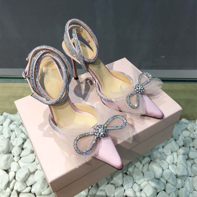 goosudu Brand Fashion Big Bowknot Women Pumps Luxury Crystal Satin High heels Party Prom Shoes Ankle Strap Summer Wedding Bridal Shoes