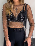 goosudu  See Through Diamond Beads Mesh Women Tops Black Long Sleeve Round Neck Short Tops Women Spring Skinny Fashion Streetwear
