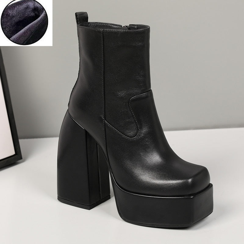 goosudu Punk Style Autumn Winter Boots Elastic Microfiber Shoes Woman Ankle Boots High Heels Black Thick Platform Long Knee High Boots
