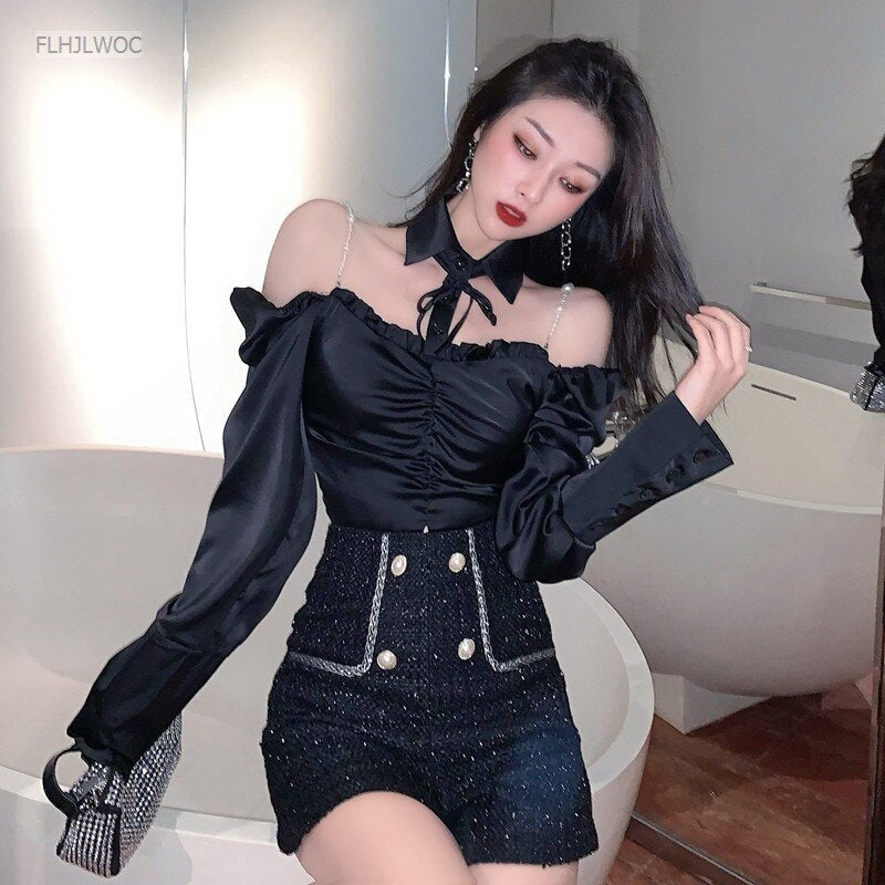 Goosudu Spring Women Fashion Off Shoulder Crop Tops Blusas Bling Beading Black Shirts Stand Collar Sexy Short Blouses