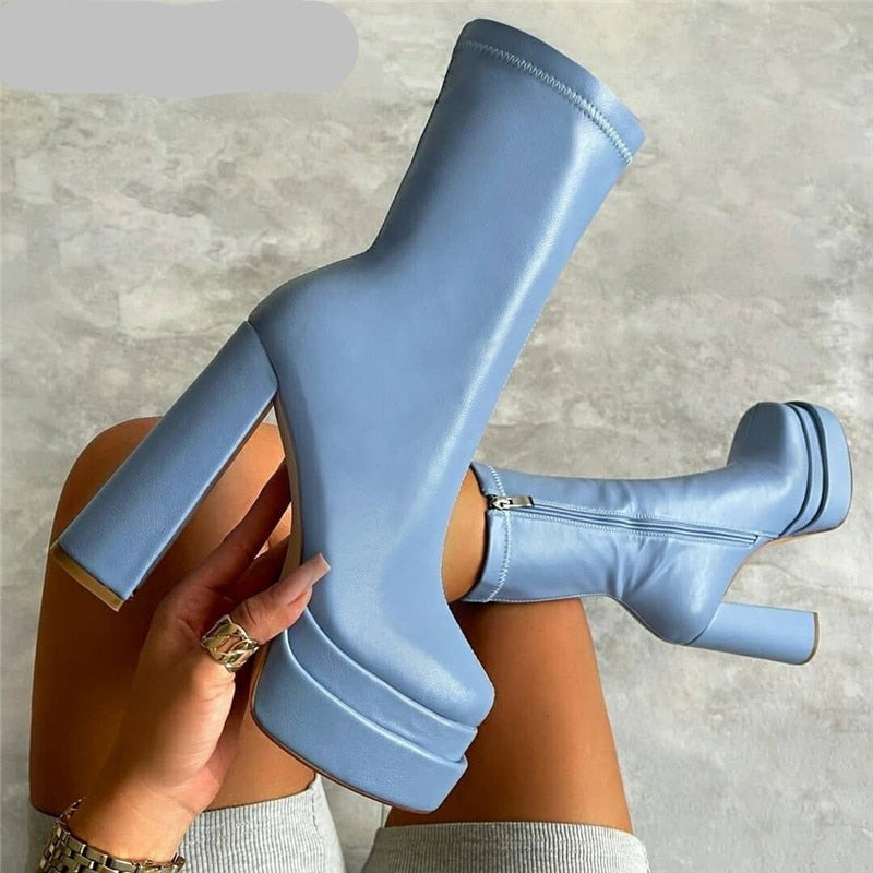 Sexy Chunky High Heels Ankle Shoes For Women Punk Style Zipper Thick Platform Elasticity Microfiber Boots Sapatos Femininos