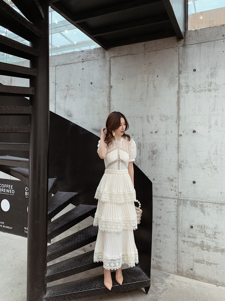 goosudu Summer Self Portrait Beige Pleated Dress Women Short Sleeve Lace Patchwork Cascading Ruffles Long Dress Female Layer Cake Dress