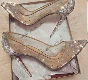 goosudu New Crystal Pumps Shallow Crystal Stilettos Solid Pumps Beige High Heels Woman Spring Shoes Fashion Party Sexy Big Size