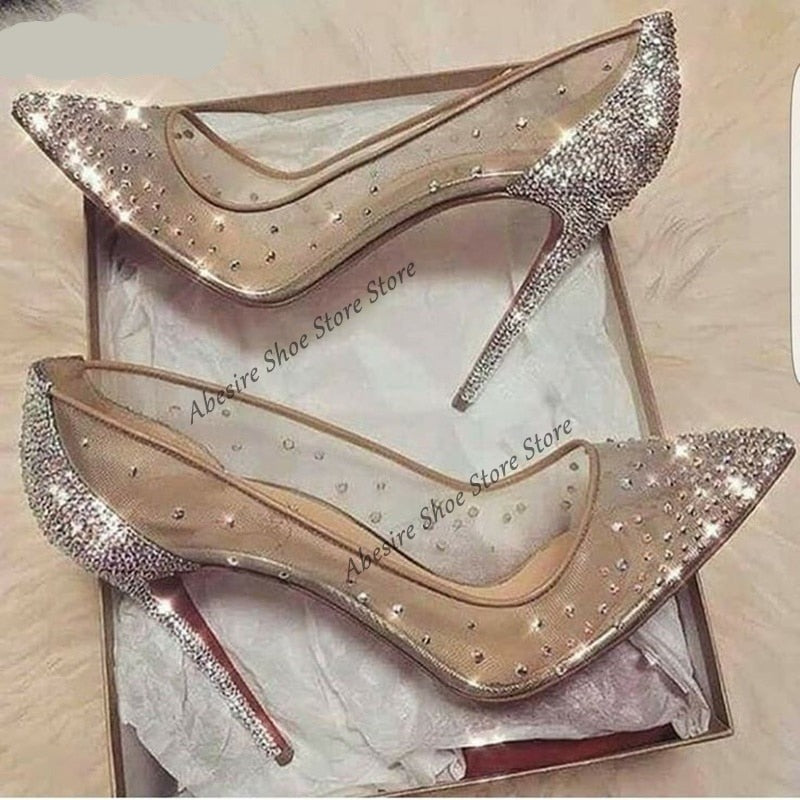 goosudu New Crystal Pumps Shallow Crystal Stilettos Solid Pumps Beige High Heels Woman Spring Shoes Fashion Party Sexy Big Size
